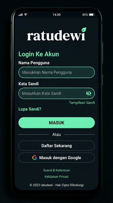 Tampilan halaman login ratudewi